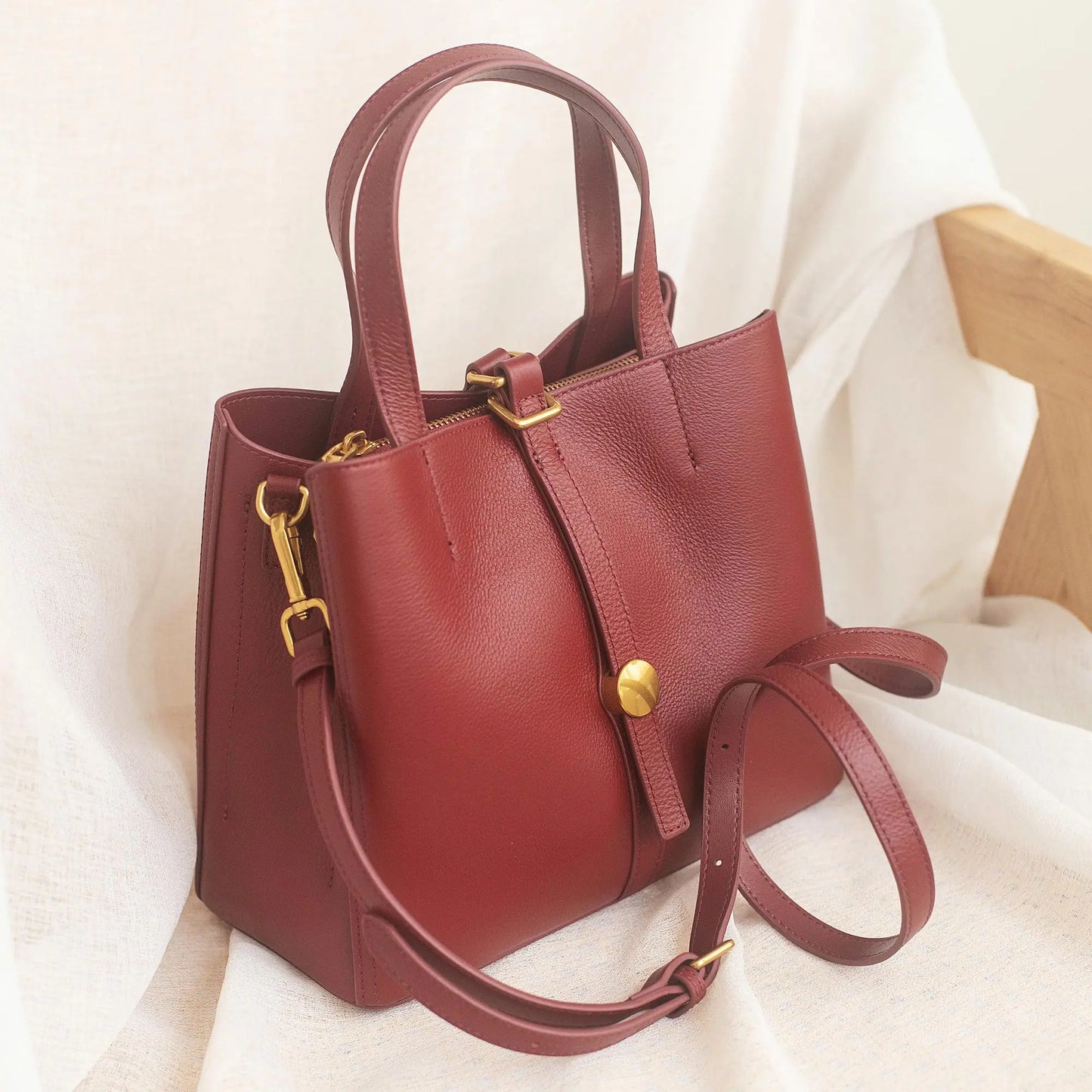 Elegant Wearing Burgundy Color Multi-compartments Tote Natural Cow Leather Women Shoulder Bag Soft Cowskin Female Handbag