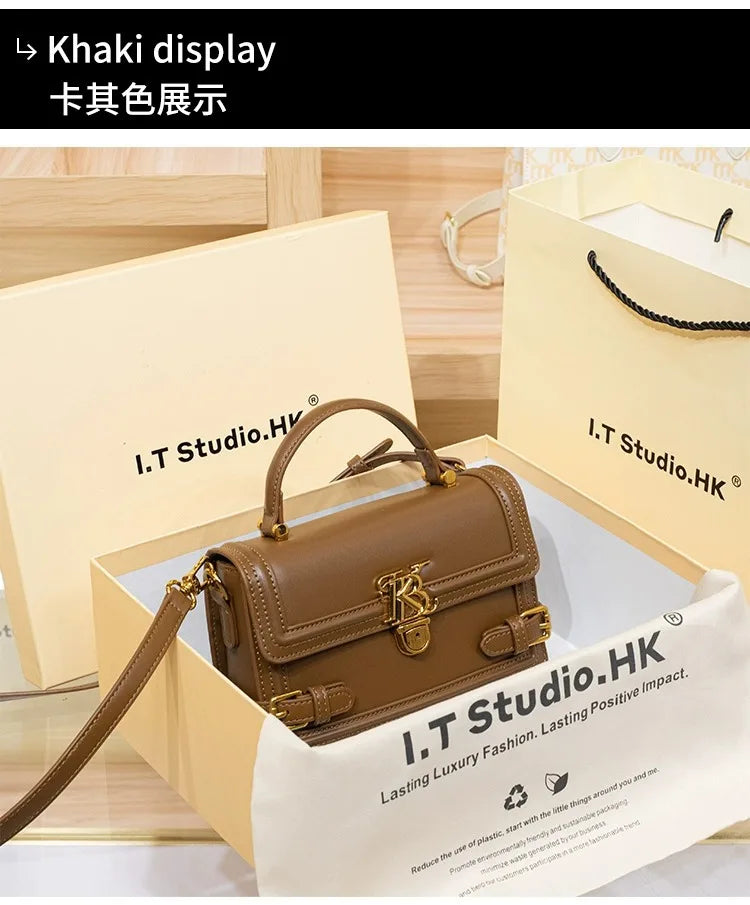 Luxury Women's Genuine Leather Handheld Small Square Bag with Advanced Texture Retro Bag 2024 New Designer One Shoulder Crossbod