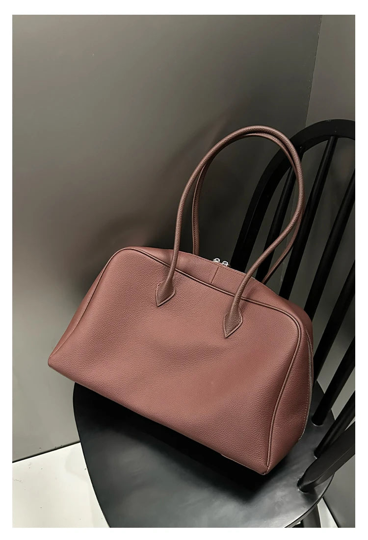 New Large Flipped High-grade Commuter Laptop Pillow Tote Marroon Natural Cow Leather Women Handbag Leisure Office Shoulder Bag