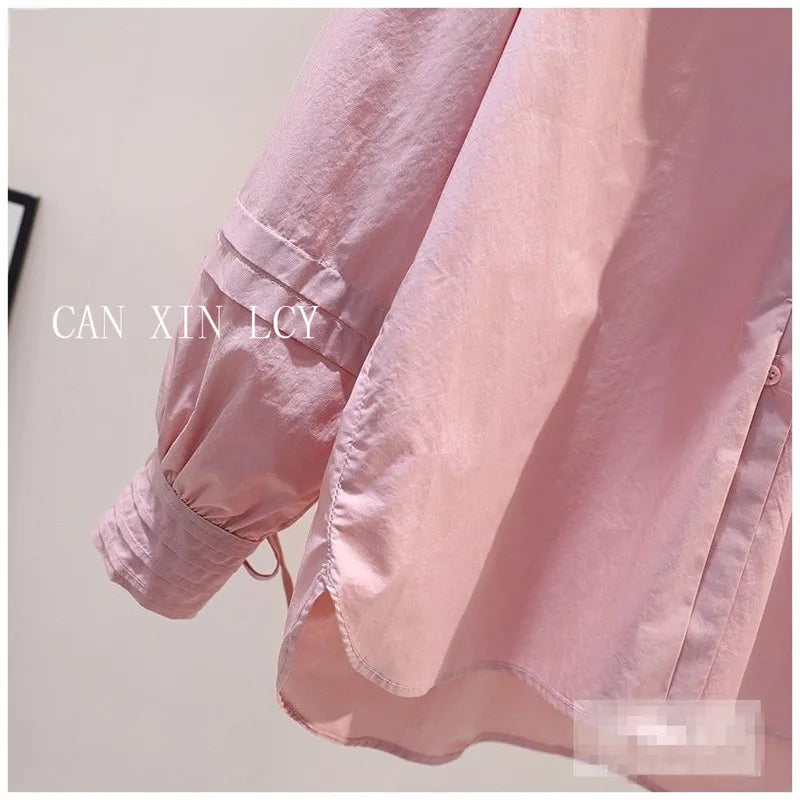 Design Pleated Lace up Long Sleeve Pink Cotton Shirt Women Spring Summer Korean Loose Solid Blouse Chic Elegant Casual Pink Top