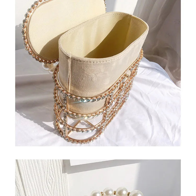 Diamonds Basket Evening Clutch Bags Women Luxury Hollow Out Pearl Beaded Metallic Cage Handbags Ladies Wedding Party Purse