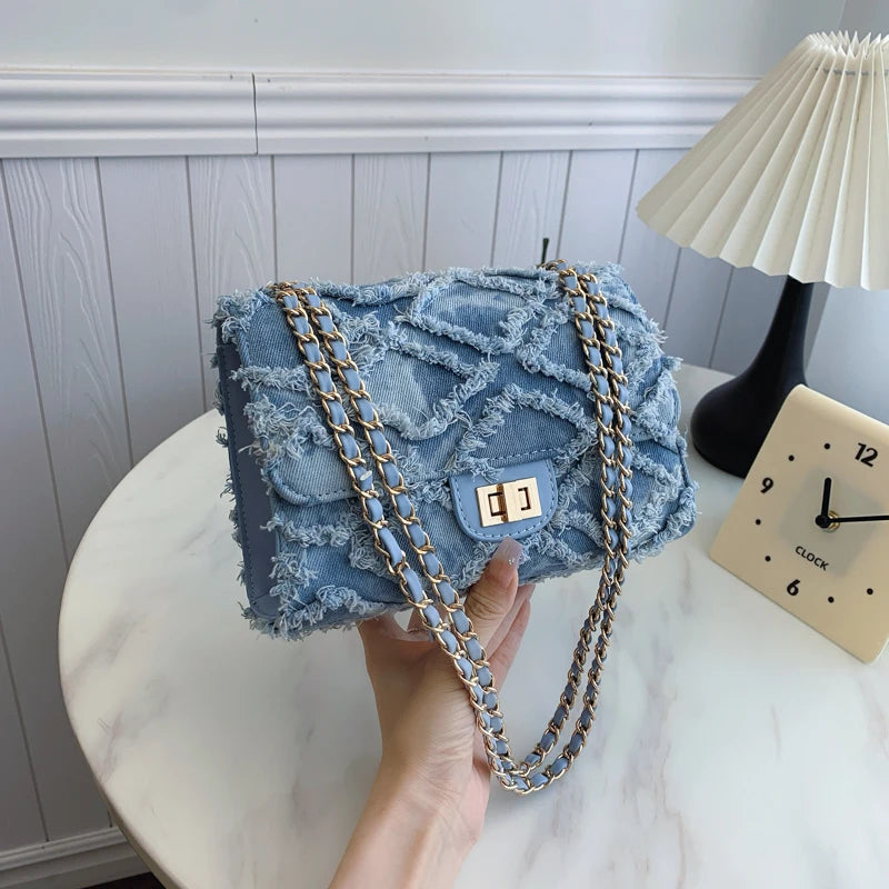 Denim small square bag women's flip chain shoulder bag is suitable for girls, women, college students, new professionals and whi