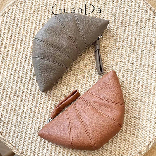 Luxury Genuine Leather Coin Purse Woman Croissant Portable Zip Clutch Bags Cowhide Card Wallet Key Lipstick Cosmetic Storage Bag