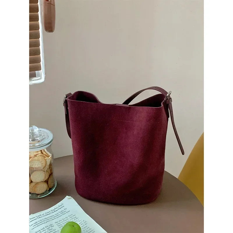 Maillard Design Simple Luxury Coffee Wine Red Bucket Tote Winter Thick Matte Suede Cow Leather Women Crossbodby Shoulder Bag