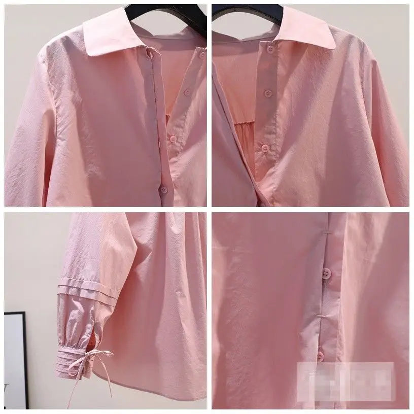 Design Pleated Lace up Long Sleeve Pink Cotton Shirt Women Spring Summer Korean Loose Solid Blouse Chic Elegant Casual Pink Top