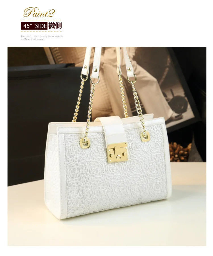 Fashion Noble Women Shoulder Lace Crocodile Print Handbag Luxury Patent Leather Chains Elegant Tote Ladies Clutch Bags 2023 New