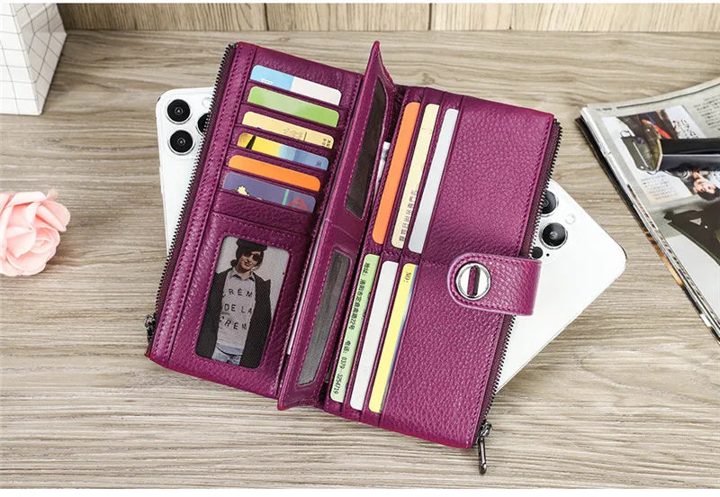 YKOSM Long Women Airtag Wallet Luxury Genuine Leather Zipper Purse Lady RFID Blocking ID Credit Card Bag Anti-lost Card Holder