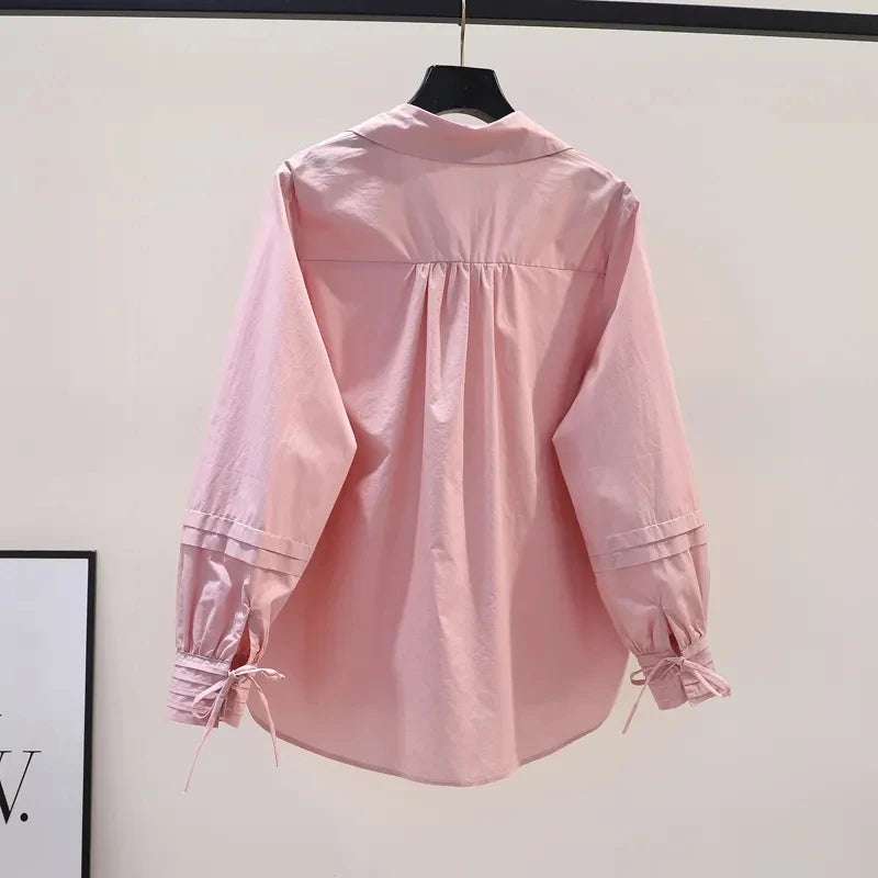 Design Pleated Lace up Long Sleeve Pink Cotton Shirt Women Spring Summer Korean Loose Solid Blouse Chic Elegant Casual Pink Top