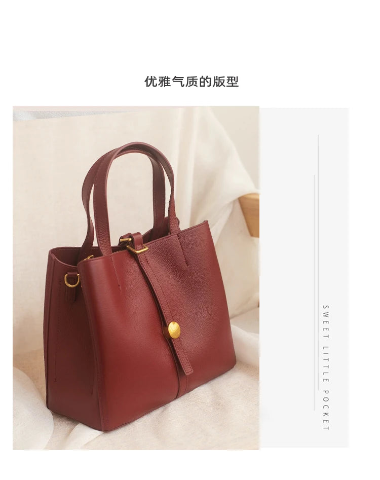 Elegant Wearing Burgundy Color Multi-compartments Tote Natural Cow Leather Women Shoulder Bag Soft Cowskin Female Handbag