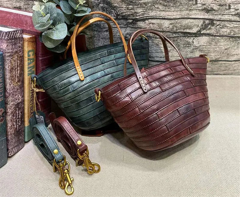 Vintage handmade high quality genuine leather woven women's handbag organizer designer luxury real cowhide female shoulder bag