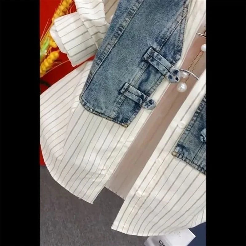 Spring Summer New Fashion Striped Fake Two Denim Shirts Women's Design Sense Stitching Women Jackets Temperament Denim Coat Top