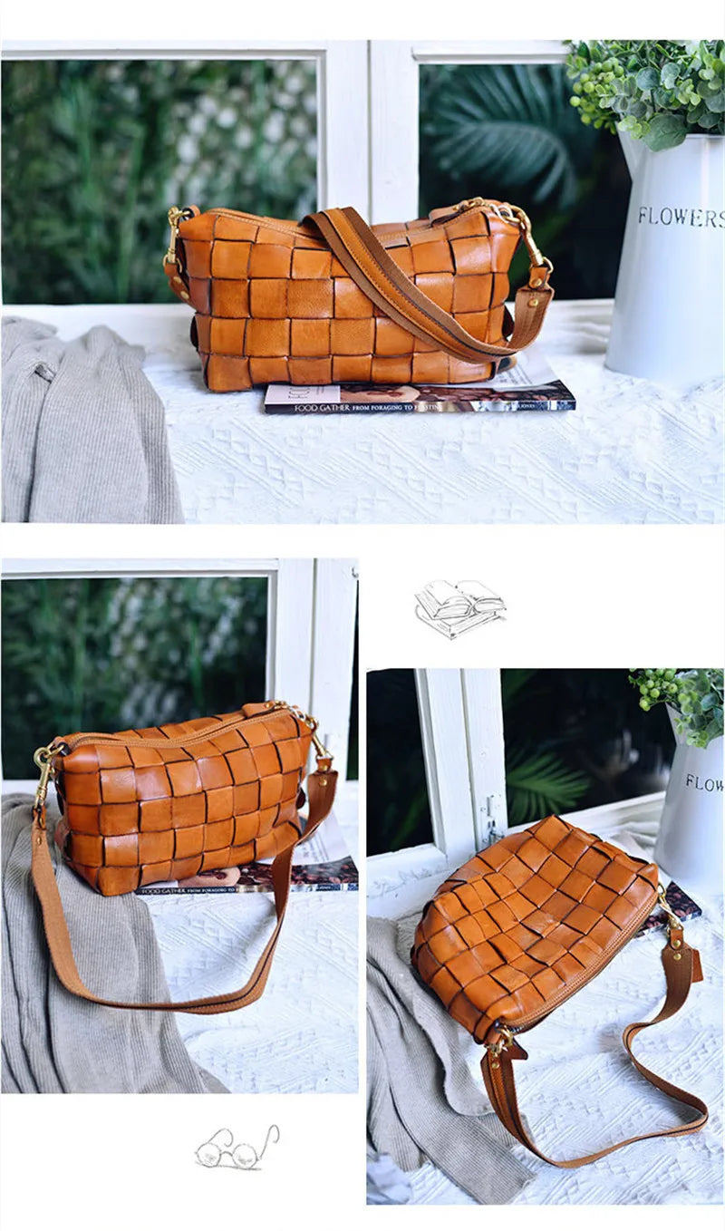 PNDME designer luxury genuine leather woven women's crossbody bag outdoor casual high quality real cowhide female shoulder bag