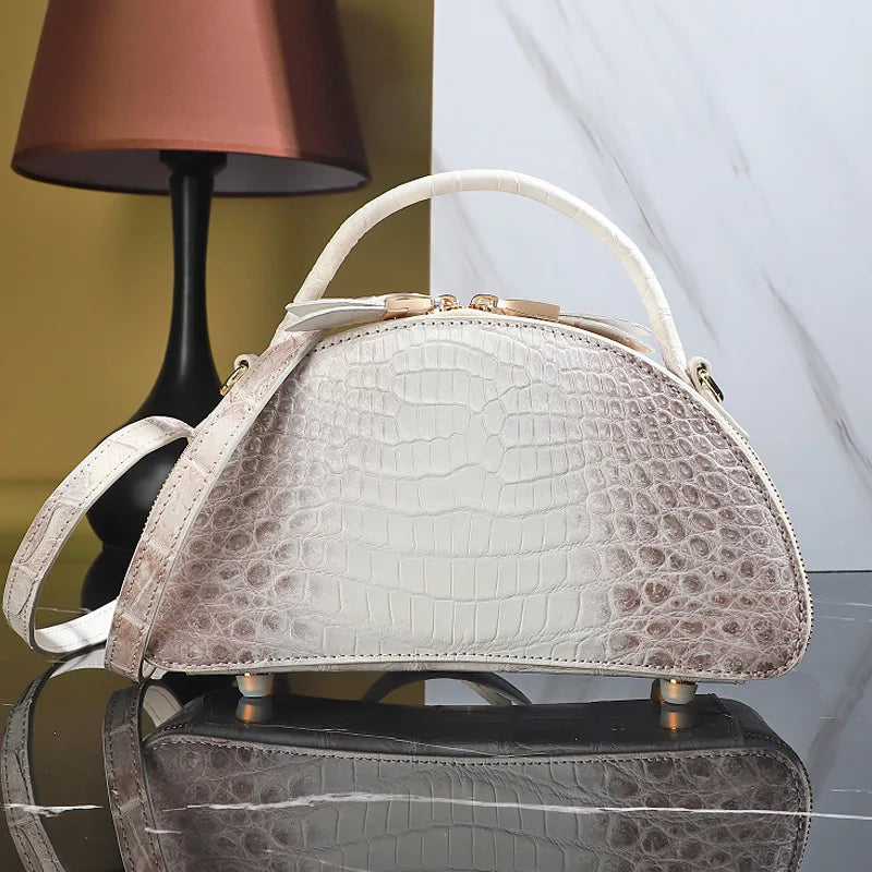 2024 Luxury Crocodile Leather Himalayan White Crossbody Bag For Women's Genuine Leather Half Round Saddle Bag Fashion Handbag 45