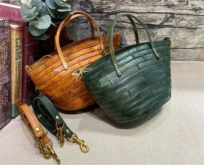 Vintage handmade high quality genuine leather woven women's handbag organizer designer luxury real cowhide female shoulder bag