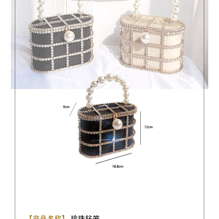 Diamonds Basket Evening Clutch Bags Women Luxury Hollow Out Pearl Beaded Metallic Cage Handbags Ladies Wedding Party Purse