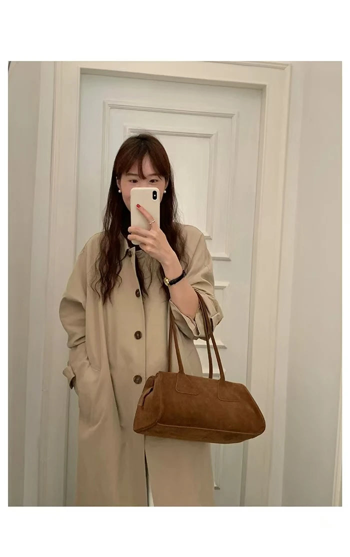 New Ins Chic Niche Stylish Pillow Bowling Tote Large Real Suede Cow Leather Women Shoulder Bag Long Handle Winter Handbag