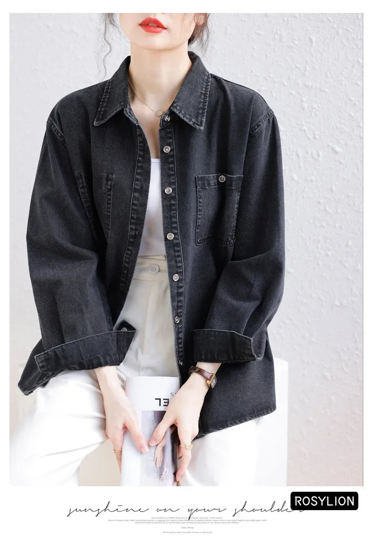 Ladies Black Denim Shirt Women Casual Sun Protection Loose Thin Long-sleeved Cotton Shirt Coat Button Up Top Top Streetwear S-XL