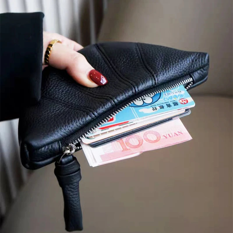 Luxury Genuine Leather Coin Purse Woman Croissant Portable Zip Clutch Bags Cowhide Card Wallet Key Lipstick Cosmetic Storage Bag