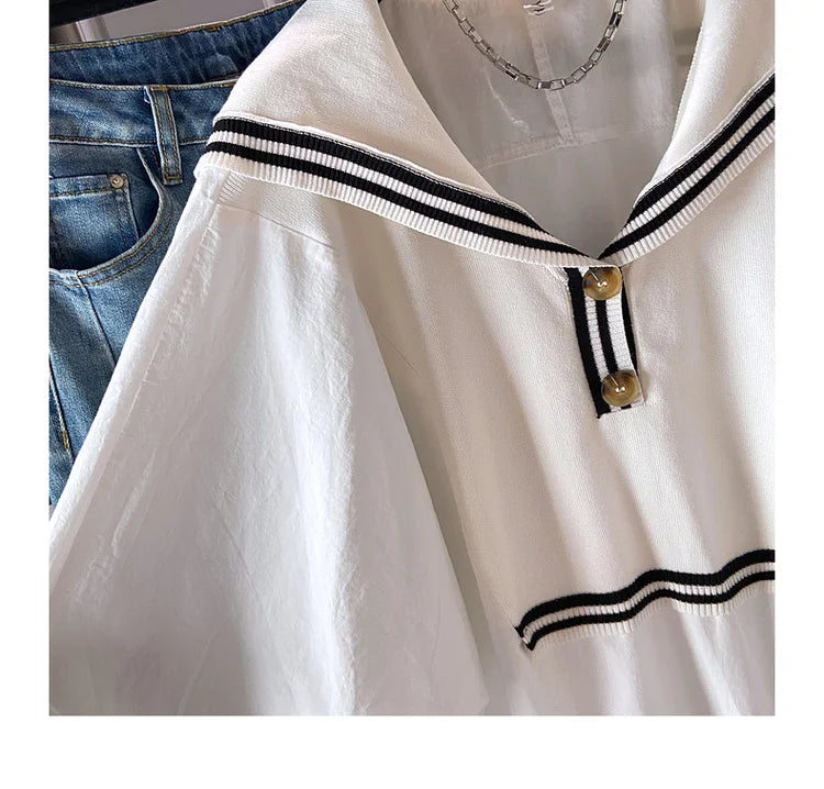 Spring 2024 Summer Preppy Style Women's Shirts Loose Plus Size Sailor Collar Lady White Color Tops Long Sleeve Female Blouse K96