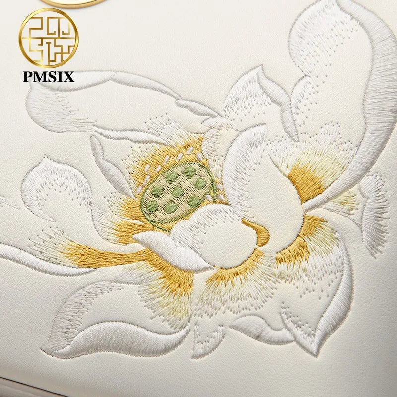 PMSIX Brand 2024 New Women's Luxury White Leather Handbag Elegant Embroidery Women's Designer Shoulder Bag Simple Crossbody Bag