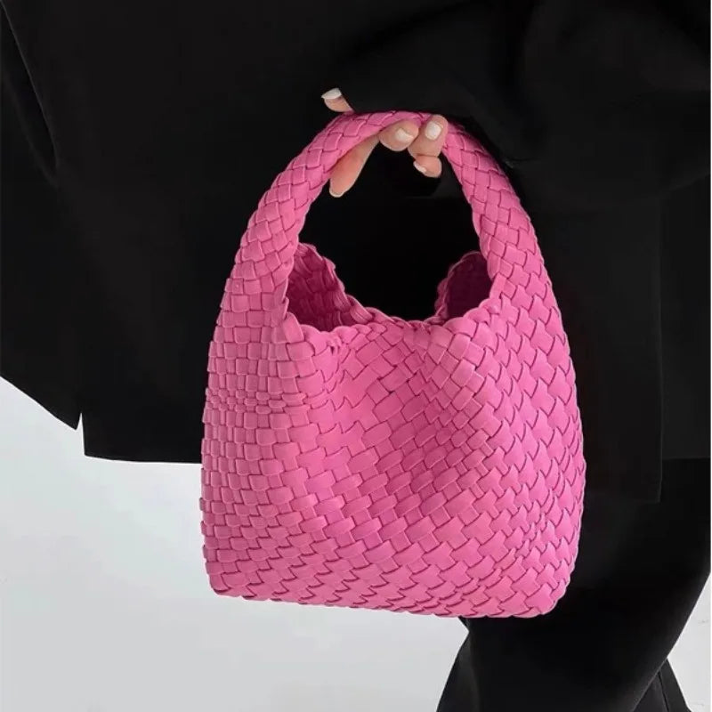 2023 Summer Leather Woven Tote Bag Brand Design Women Handbags Luxury Soft Pu Leather Tote Bag Pink Green Shopper Purses