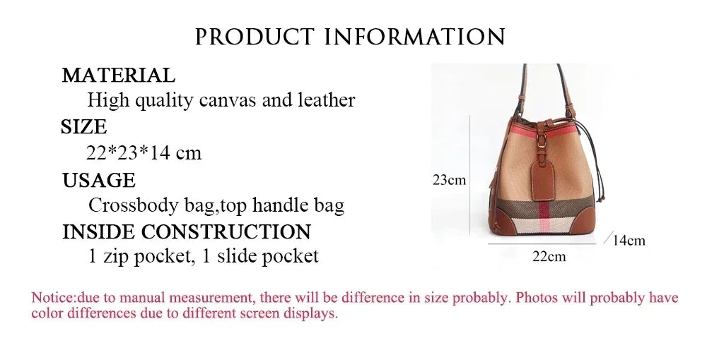 Luxury Plaid Canvas Leather Women‘S Bag Fashion Large Capacity Business Lady Bucket Shoulder Bag Female Drawstring Handbag