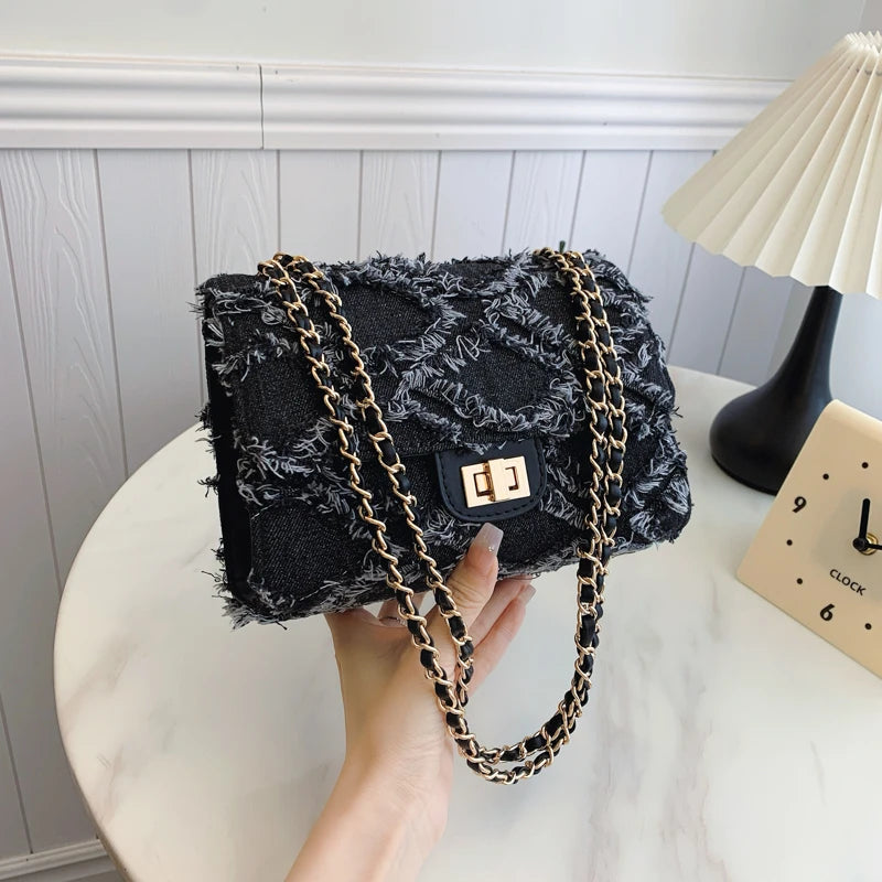 Denim small square bag women's flip chain shoulder bag is suitable for girls, women, college students, new professionals and whi