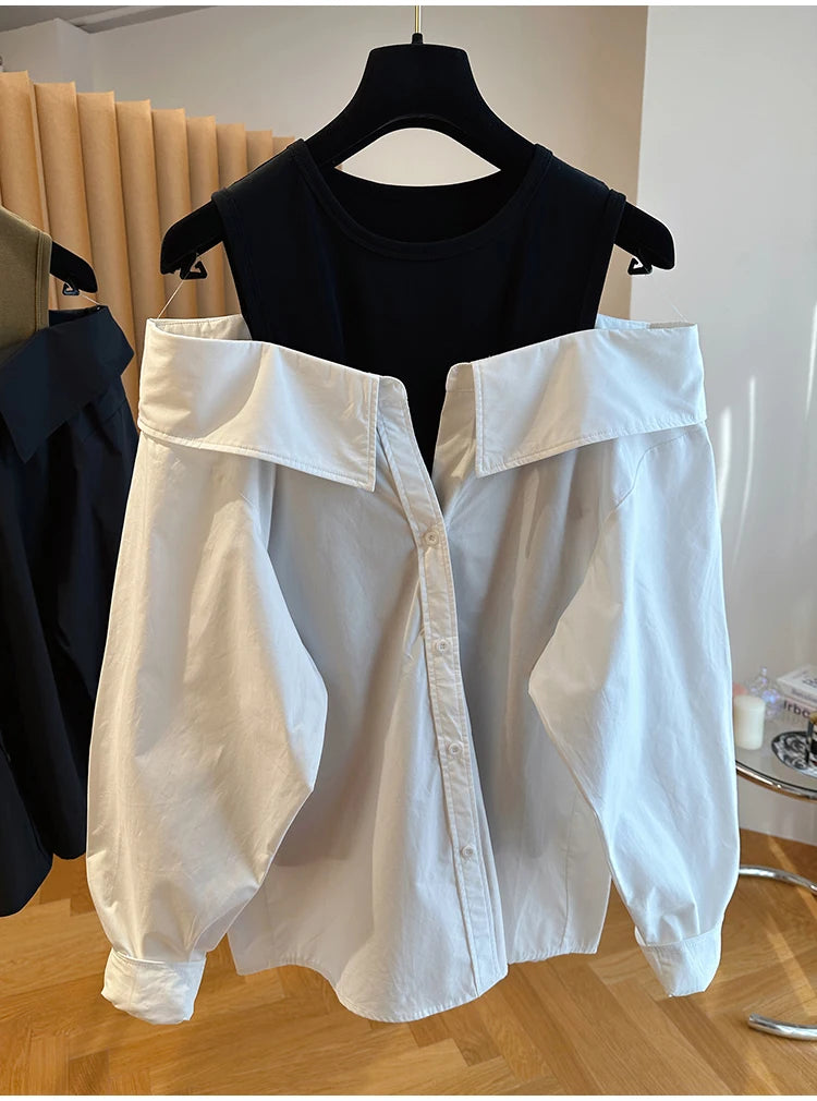 Off Shoulder Design Loose Vest Sexy Patchwork Y2k Long Sleeve Shirt Fake Two Piece Top Blusas Mujer Casual Blouse Shirts Coat