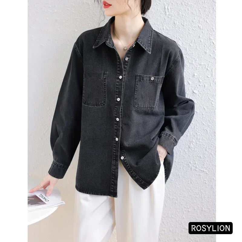 Ladies Black Denim Shirt Women Casual Sun Protection Loose Thin Long-sleeved Cotton Shirt Coat Button Up Top Top Streetwear S-XL