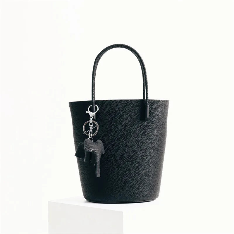 2024 Most Popular Togo Cowhide Leather Bucket Bag Small Neat All-match Elegant Women Shoulder Bag with Elephant Ornaments