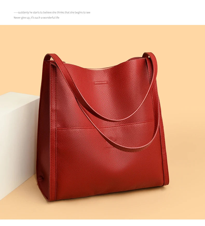 High Quality Soft Leather Women's Handbag Luxury Designer Solid Color Women Shoulder Bag Large Capacity Shopping Handbag Wallet