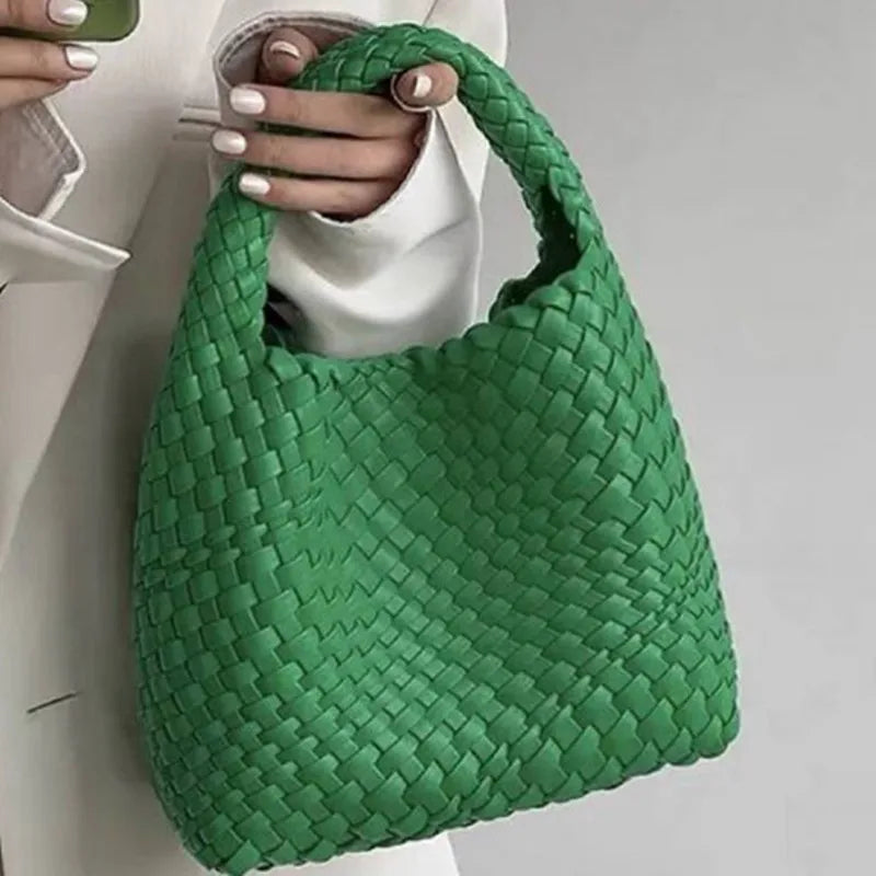 2023 Summer Leather Woven Tote Bag Brand Design Women Handbags Luxury Soft Pu Leather Tote Bag Pink Green Shopper Purses