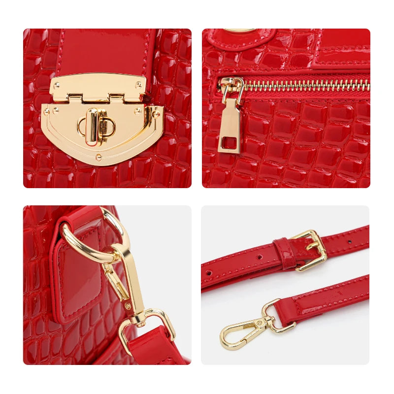 Aidrani Red Crocodile Tail Boston Bag, Fashion Women's Genuine Leather Bag, Cowhide Handbag  Single Shoulder Bag