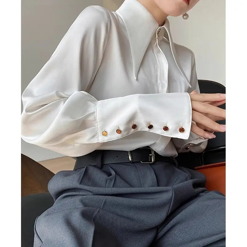 QWEEK Office Elegant White Women's Shirt Chic Luxury Solid Color Loose Blouse Long Sleeve Minimalist Button Up Clothes Autumn