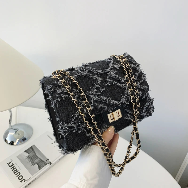 Denim small square bag women's flip chain shoulder bag is suitable for girls, women, college students, new professionals and whi