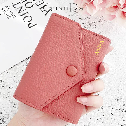 Luxury Designer Woman's Wallet Envelope Folding Coin Purse Custom Name Fashion Card Holder Genuine Leather Cowhide Money Clip