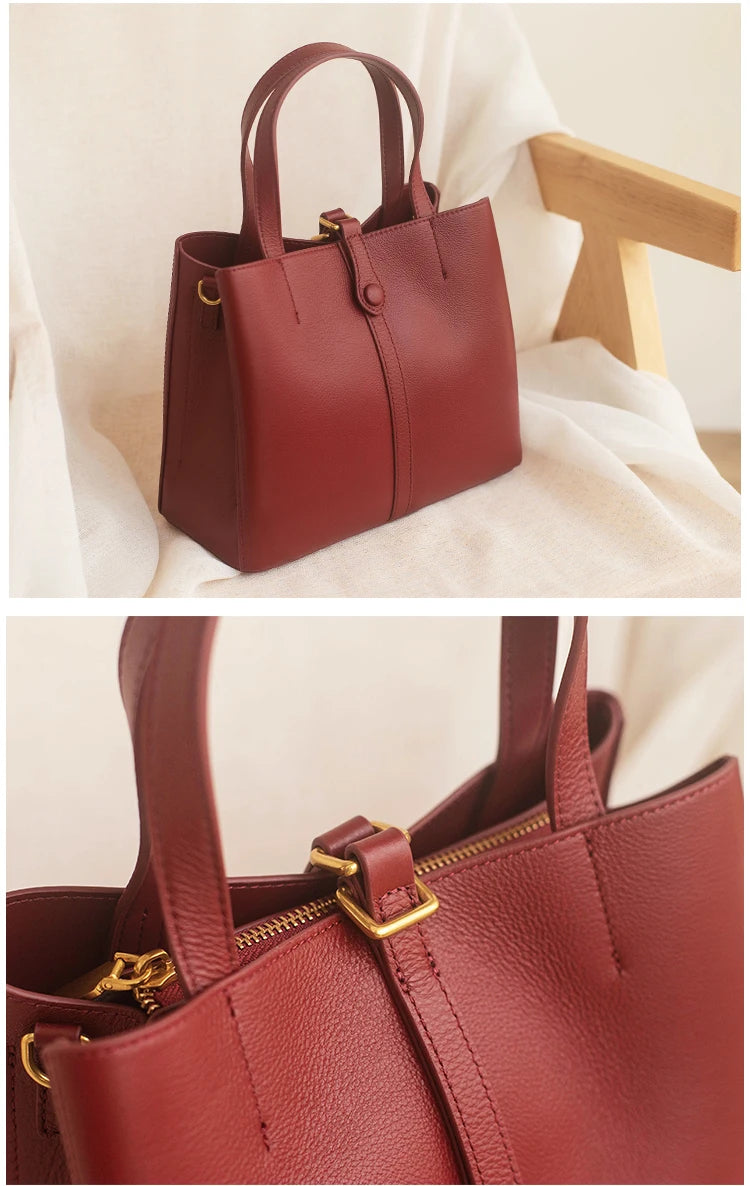 Elegant Wearing Burgundy Color Multi-compartments Tote Natural Cow Leather Women Shoulder Bag Soft Cowskin Female Handbag