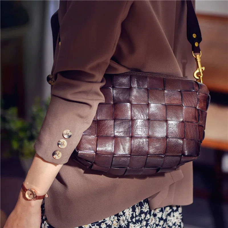 PNDME designer luxury genuine leather woven women's crossbody bag outdoor casual high quality real cowhide female shoulder bag