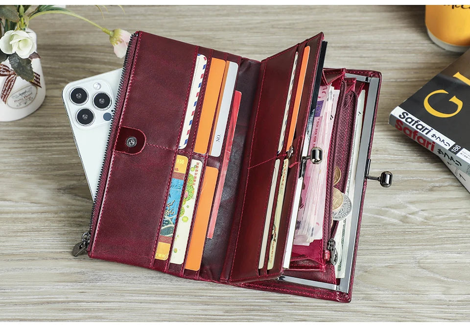 CONTACT'S Genuine Leather Women Wallet Metal Frame RFID Card Holder Coin Purses Female Bag Luxury Designer Women's Purses