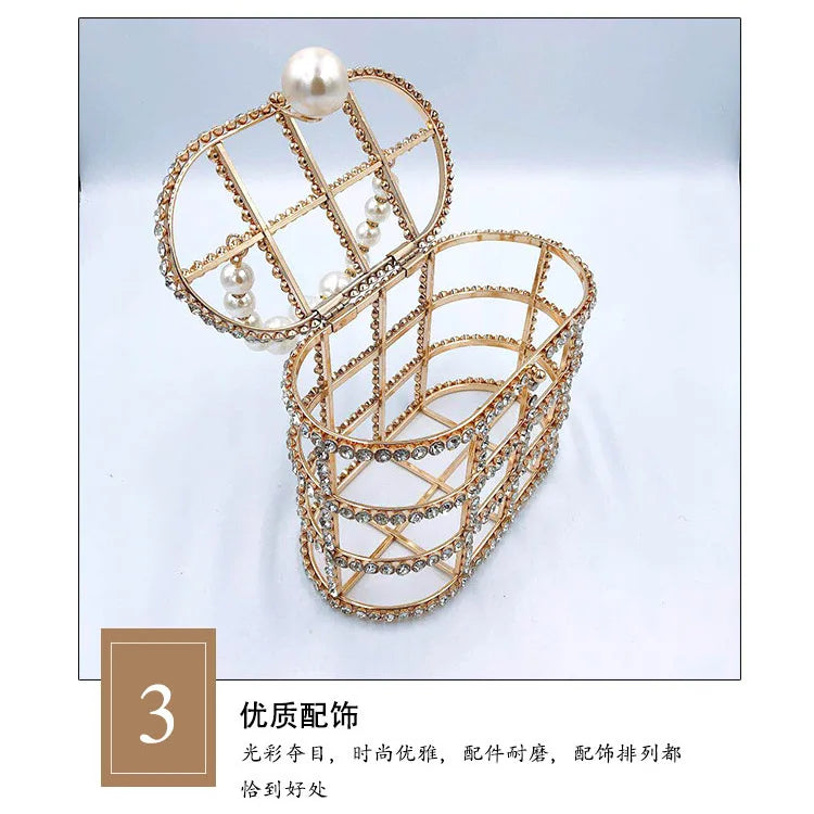 Diamonds Basket Evening Clutch Bags Women Luxury Hollow Out Pearl Beaded Metallic Cage Handbags Ladies Wedding Party Purse