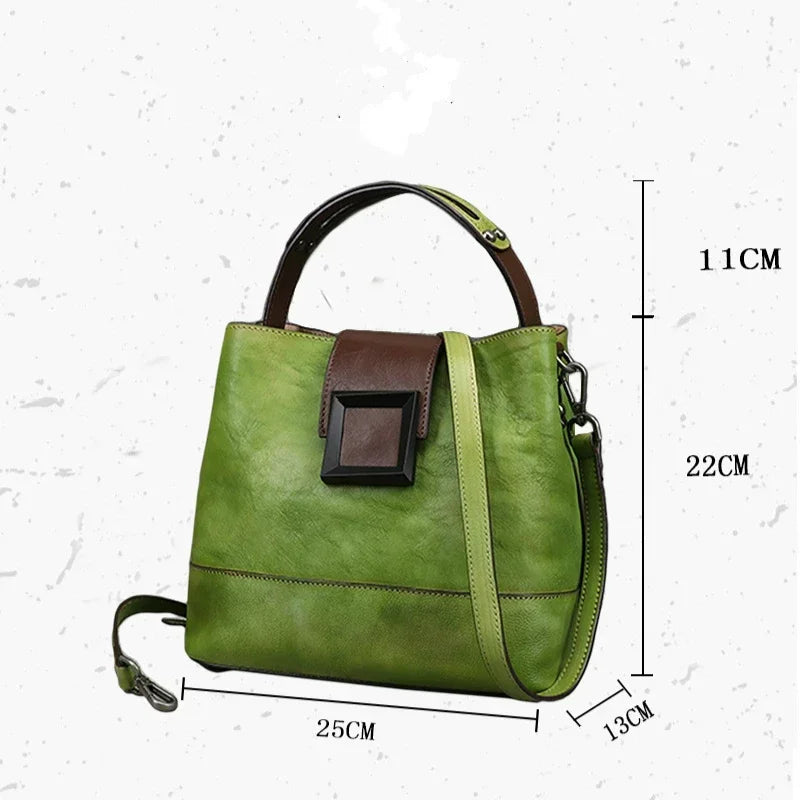 GAGACIA Handmade Green Women's Handbag Retro Genuine Leather Bucket Bag Woman Shoulder Bags Cowhide Luxury Women Brand Handbags