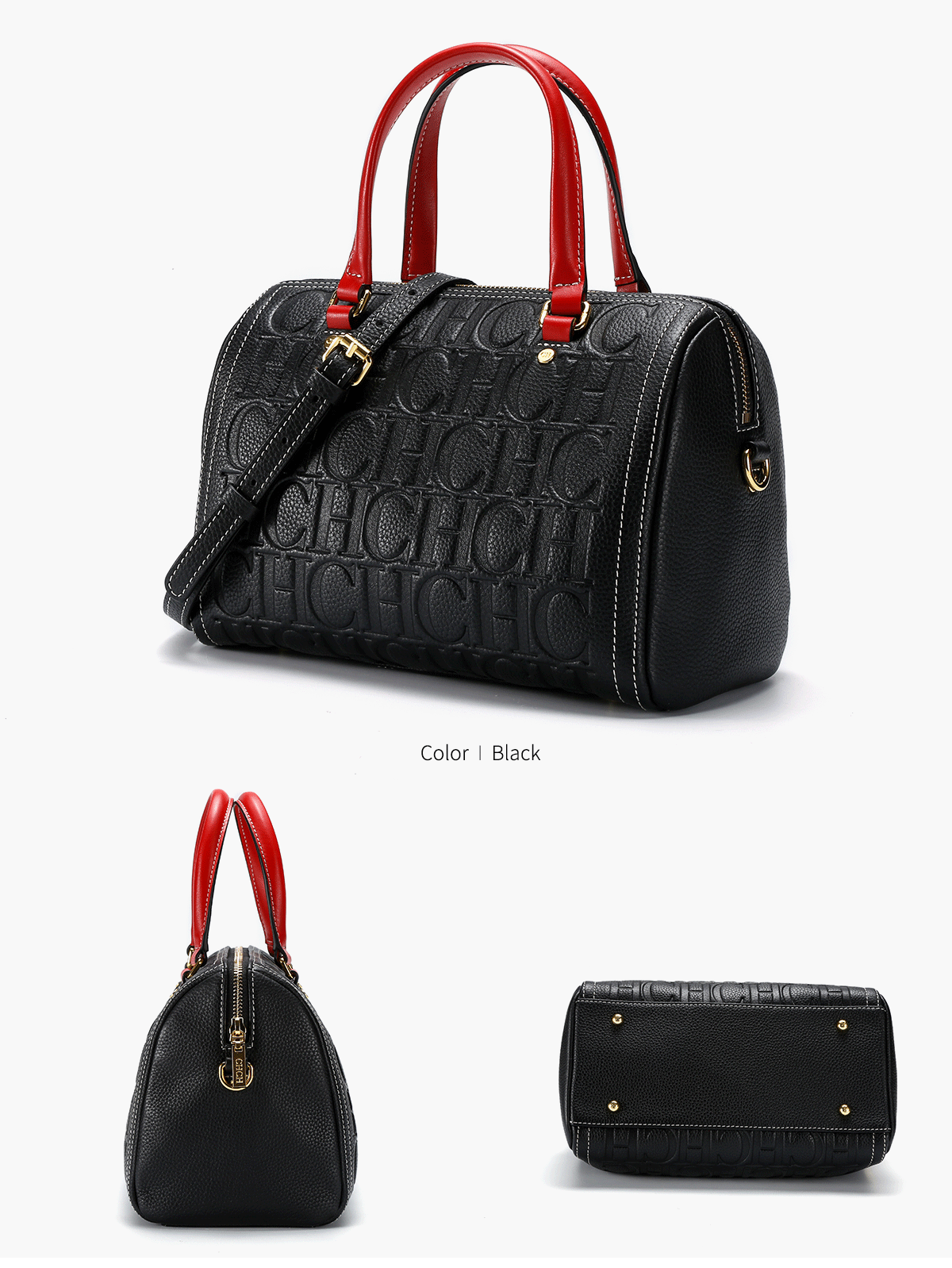 CHCH Women's Shoulder Bag 2024 New Black Cow Leather Letter Embossed Zipper Tote Bag 26*14.5*18cm