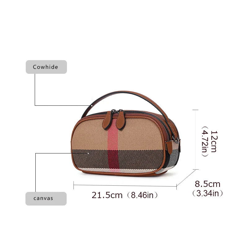 Aidrani  Checkered women's single shoulder crossbody bag, made of canvas cowhide material, round, brown