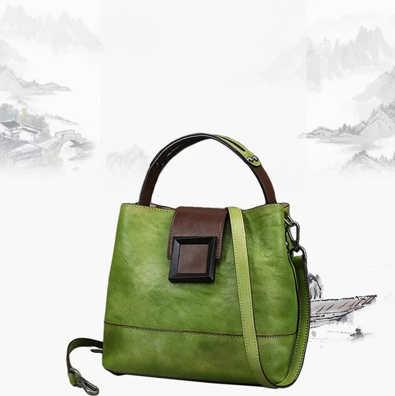 GAGACIA Handmade Green Women's Handbag Retro Genuine Leather Bucket Bag Woman Shoulder Bags Cowhide Luxury Women Brand Handbags