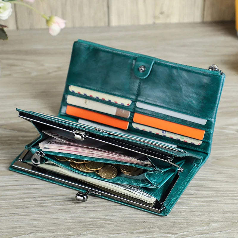 CONTACT'S Genuine Leather Women Wallet Metal Frame RFID Card Holder Coin Purses Female Bag Luxury Designer Women's Purses