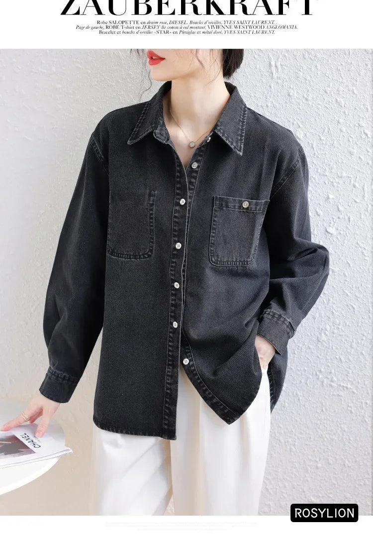 Ladies Black Denim Shirt Women Casual Sun Protection Loose Thin Long-sleeved Cotton Shirt Coat Button Up Top Top Streetwear S-XL