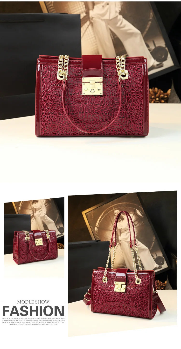 Fashion Noble Women Shoulder Lace Crocodile Print Handbag Luxury Patent Leather Chains Elegant Tote Ladies Clutch Bags 2023 New