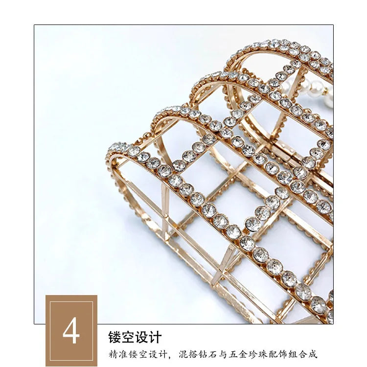 Diamonds Basket Evening Clutch Bags Women Luxury Hollow Out Pearl Beaded Metallic Cage Handbags Ladies Wedding Party Purse