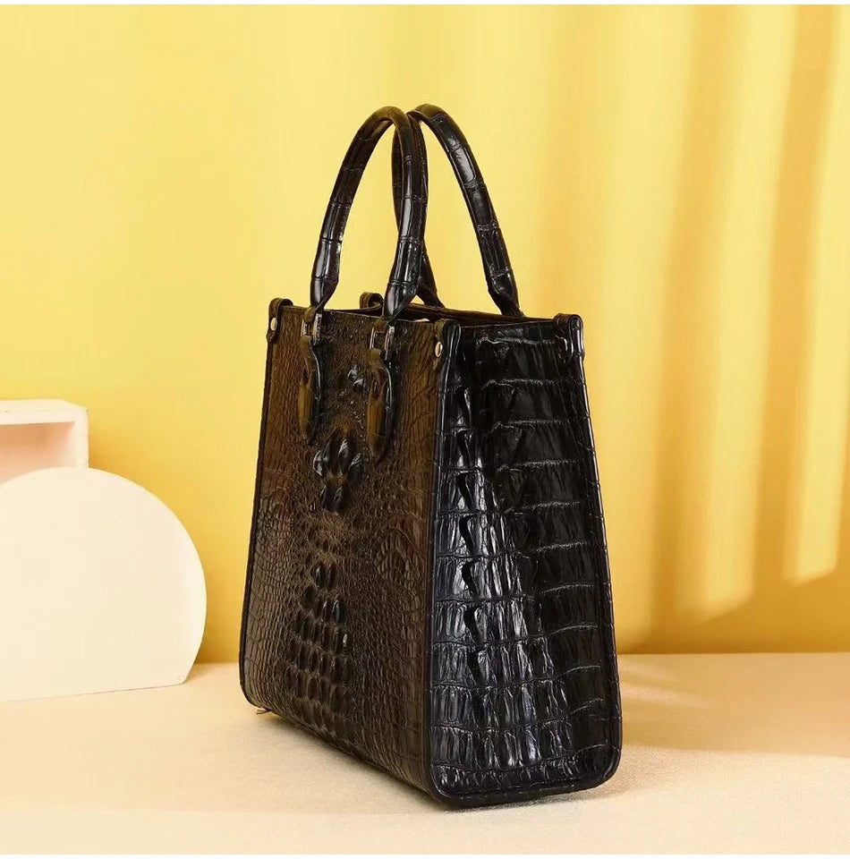 Real leather women's bag fashion luxury designer handbags famous brands cowhide crocodile pattern women's handbag black