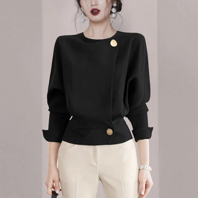 Spring Summer Elegant Fashion Solid Simple Buttons Shirt Ladies Temperament Long Sleeve All-match Blouse Top Women 's Clothing